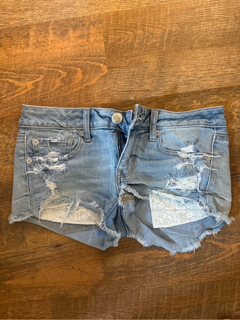 American Eagle Super Low Shortie Distressed Lace Denim Shorts | Size 2